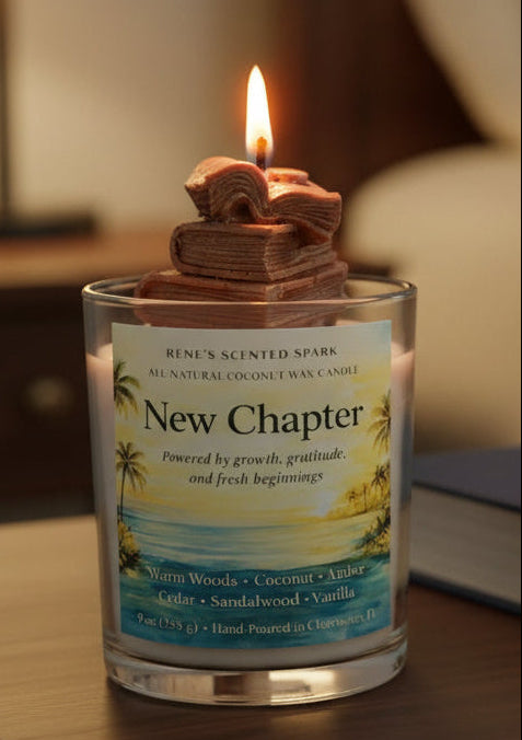 New Chapter coconut wax candle with stacked book wax embeds burning on a bedside table, styled in a cozy bedroom with warm lighting.