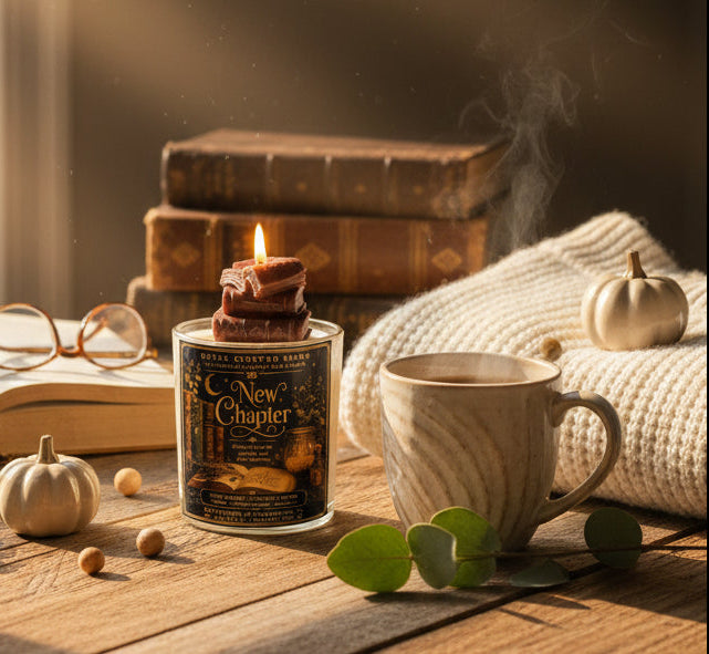 New Chapter coconut wax candle with a hand-sculpted book wax topper burning beside a steaming cup of coffee on a rustic table by a rainy window. Cozy fall candle for book lovers, hand-poured in Clearwater, Florida.