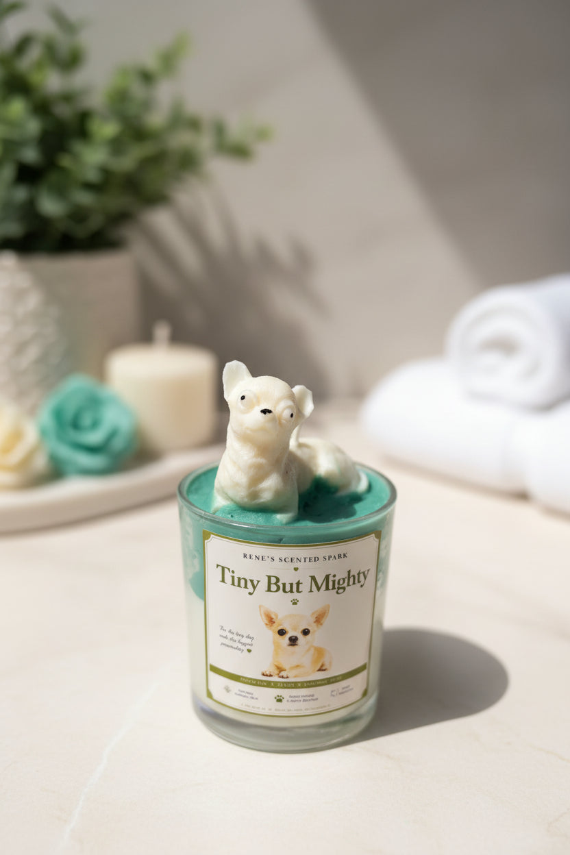 Candle with a dog-shaped candle wick holder on a decorative surface with flowers and leaves.