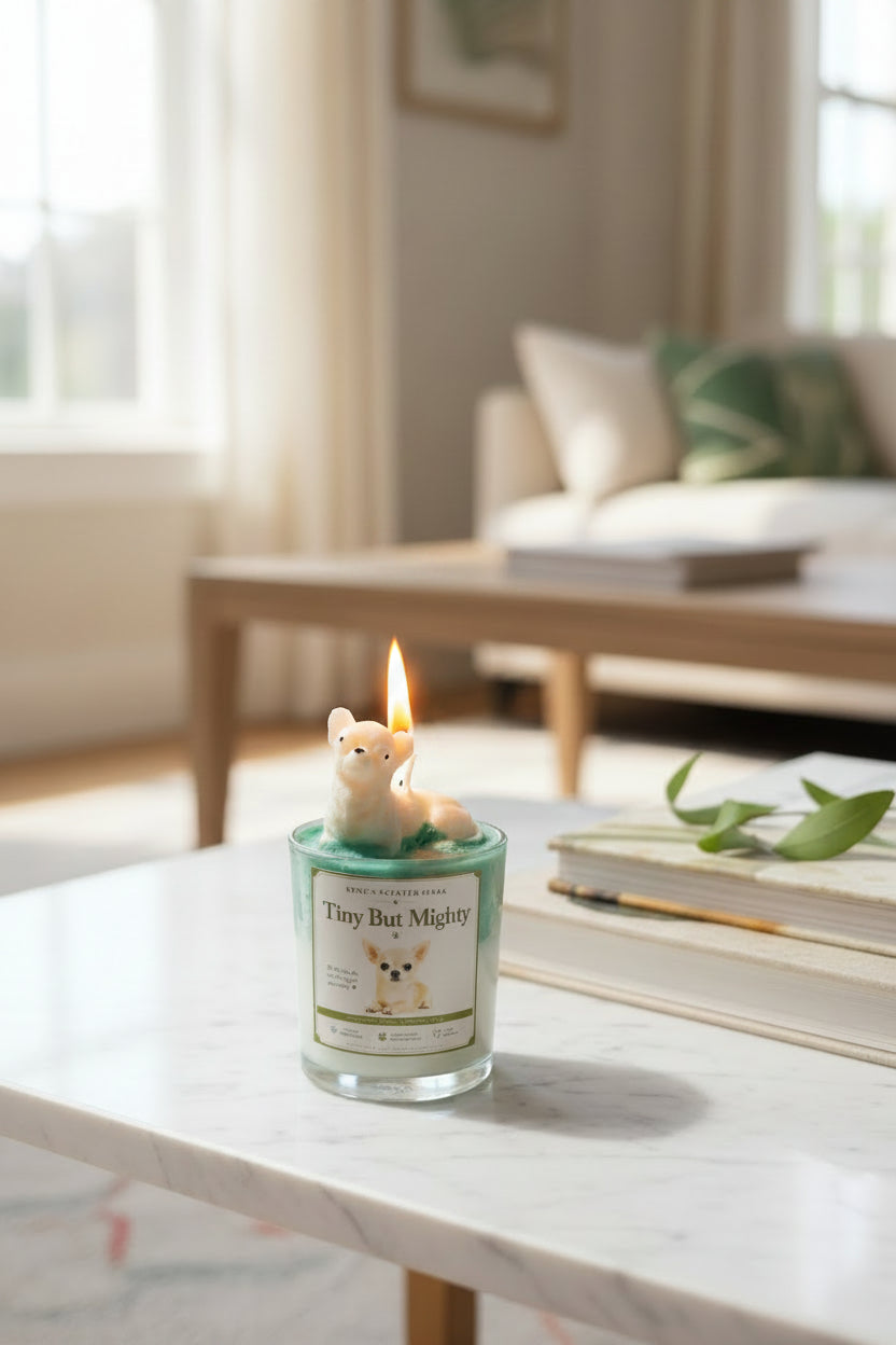 Tiny But Mighty Chihuahua candle with cream dog topper on teal green whipped wax in bright airy home lifestyle setting