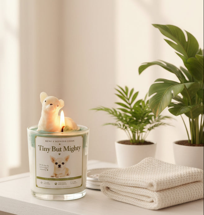 Tiny But Mighty Chihuahua candle on white bathroom shelf with cream towels and small green tropical plant