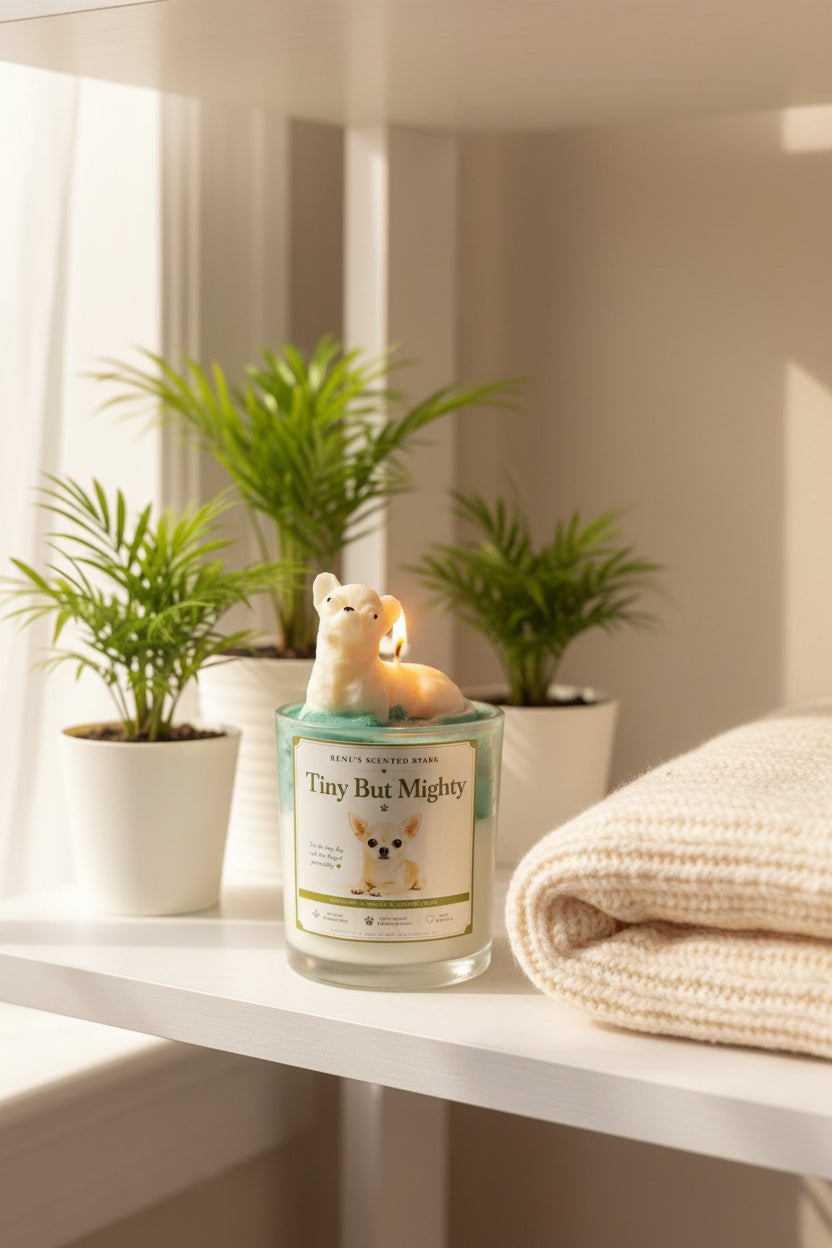 Tiny But Mighty Chihuahua candle on white bathroom shelf with cream towels and small green tropical plant