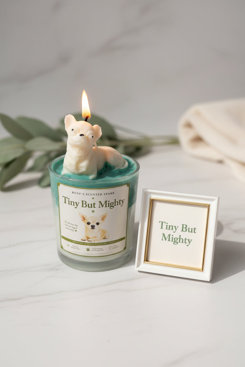 Two Tiny But Mighty Chihuahua candles with cream dog toppers on teal green whipped wax on bright marble surface