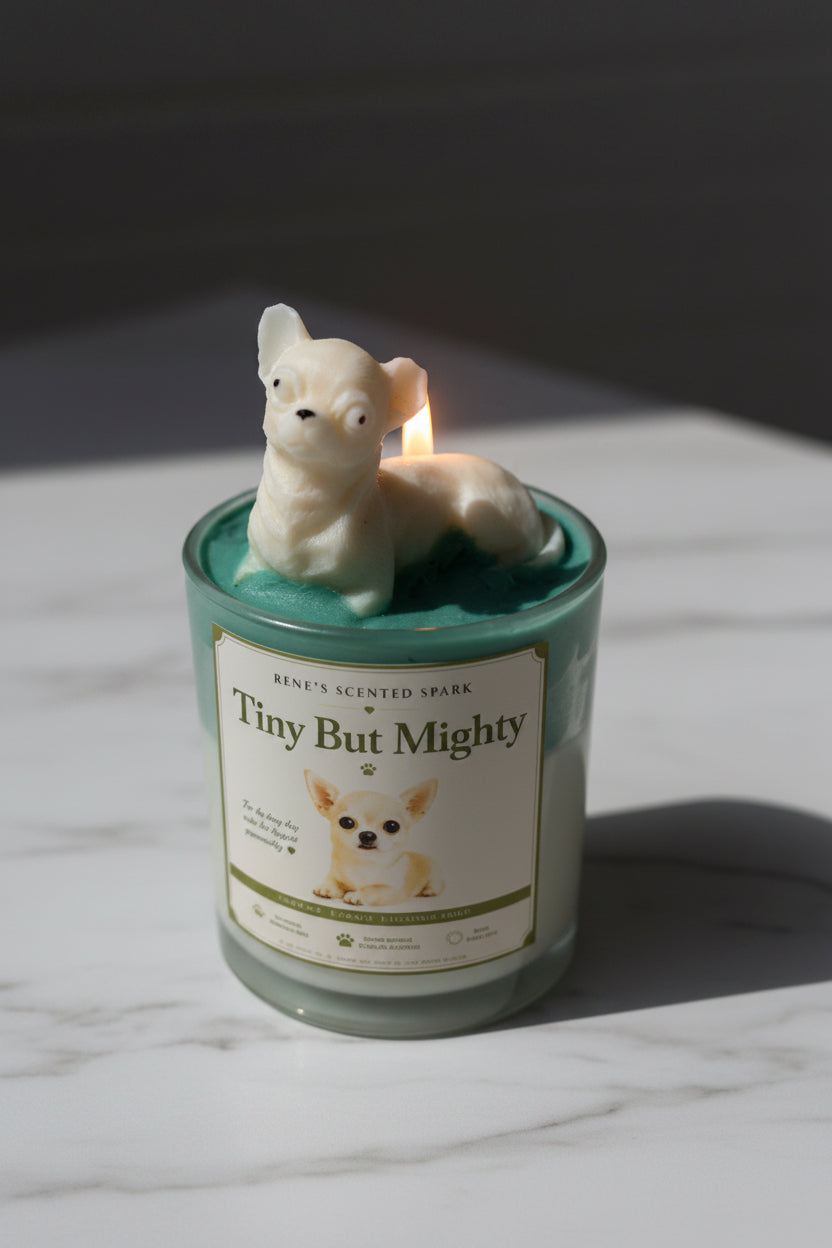 Tiny But Mighty candle with cream Chihuahua wax topper on teal green wax on white marble in natural window light