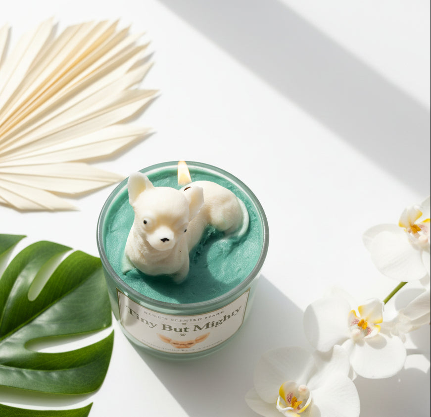 Candle with a dog-shaped candle wick holder on a decorative surface with flowers and leaves.