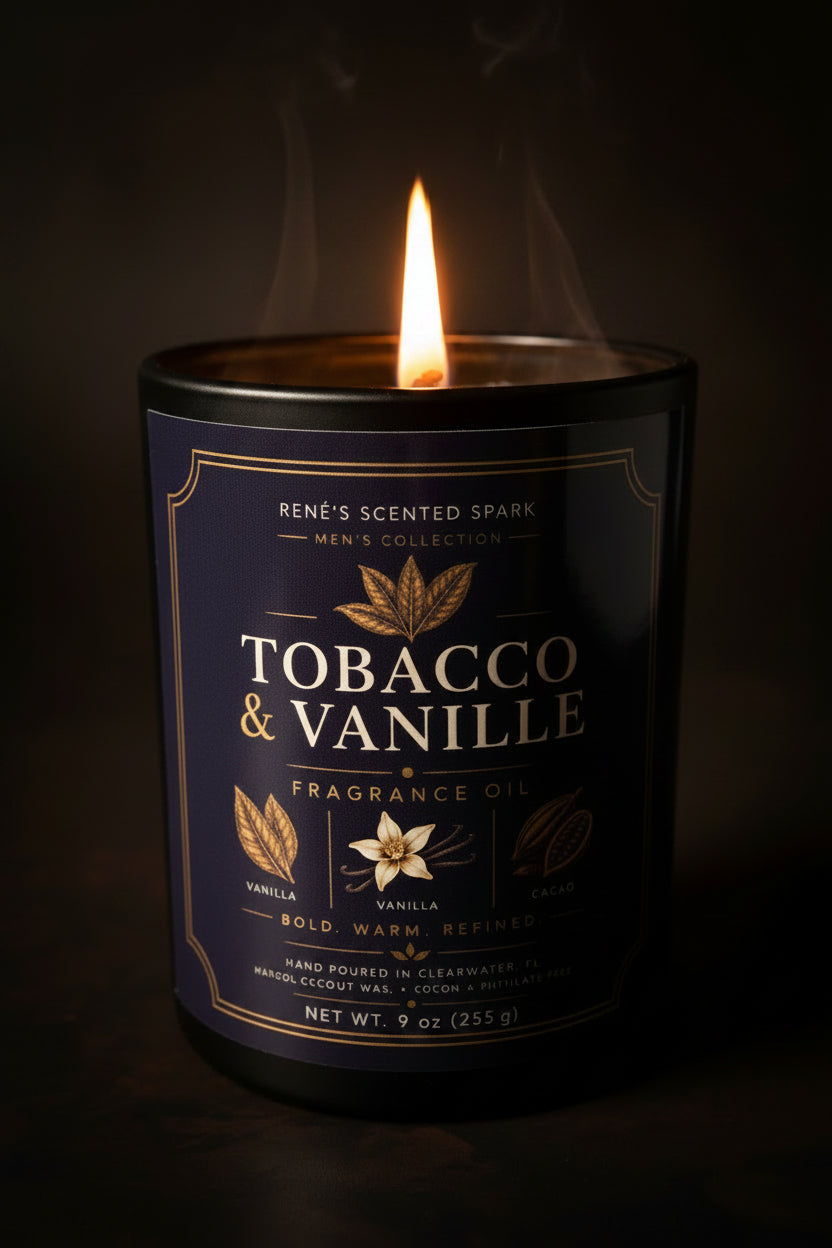Candle labeled 'Tobacco & Vanille' with a dark background