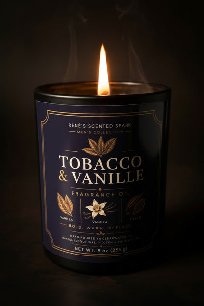 Candle labeled 'Tobacco & Vanille' with a dark background