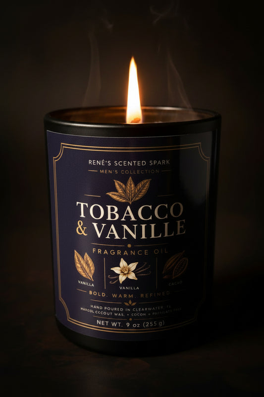 Candle labeled 'Tobacco & Vanille' with a dark background