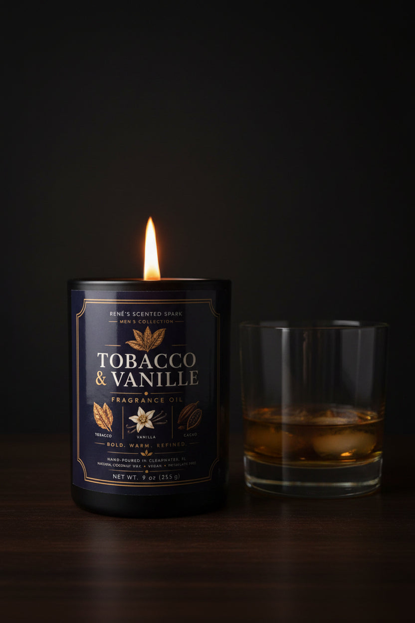 Candle labeled 'Tobacco & Vanille' with a glass of whiskey on a dark background