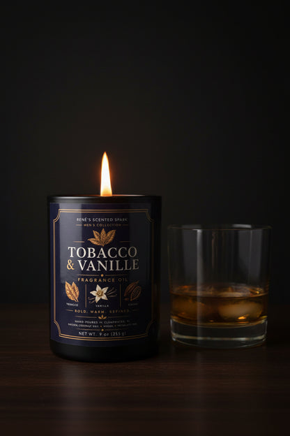 Candle labeled 'Tobacco & Vanille' with a glass of whiskey on a dark background