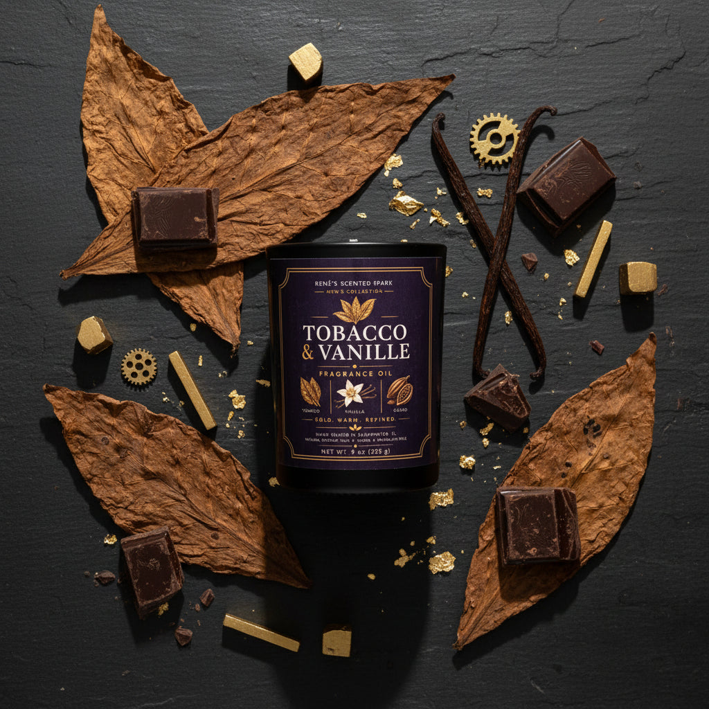 Fragrance oil packaging labeled 'Tobacco & Vanille' surrounded by vanilla beans, chocolate pieces, and leaves on a dark background.