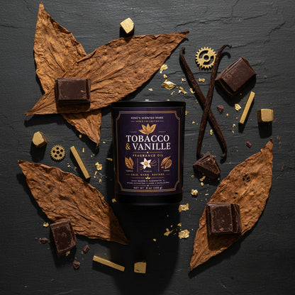Fragrance oil packaging labeled 'Tobacco & Vanille' surrounded by vanilla beans, chocolate pieces, and leaves on a dark background.