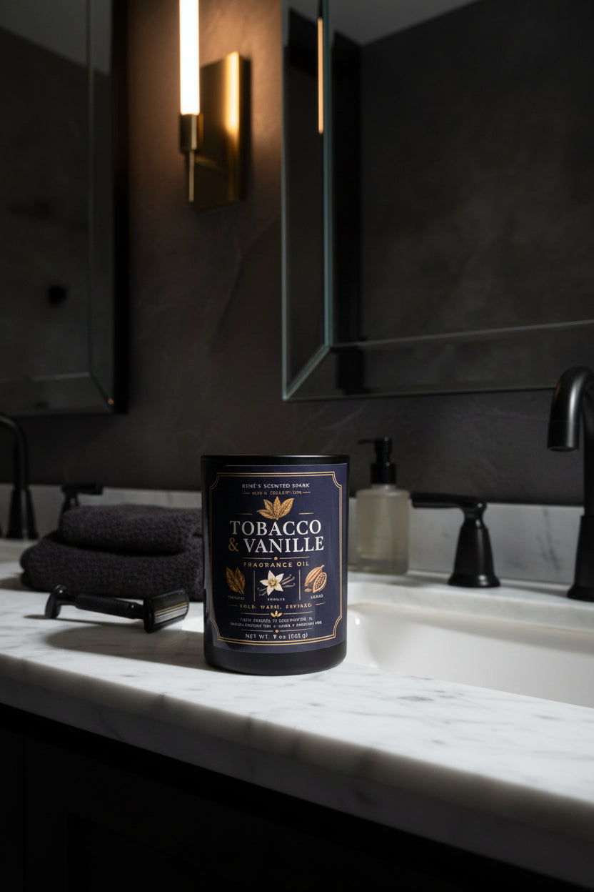 Candle labeled 'Tobacco Vanille' on a marble countertop in a dimly lit room.