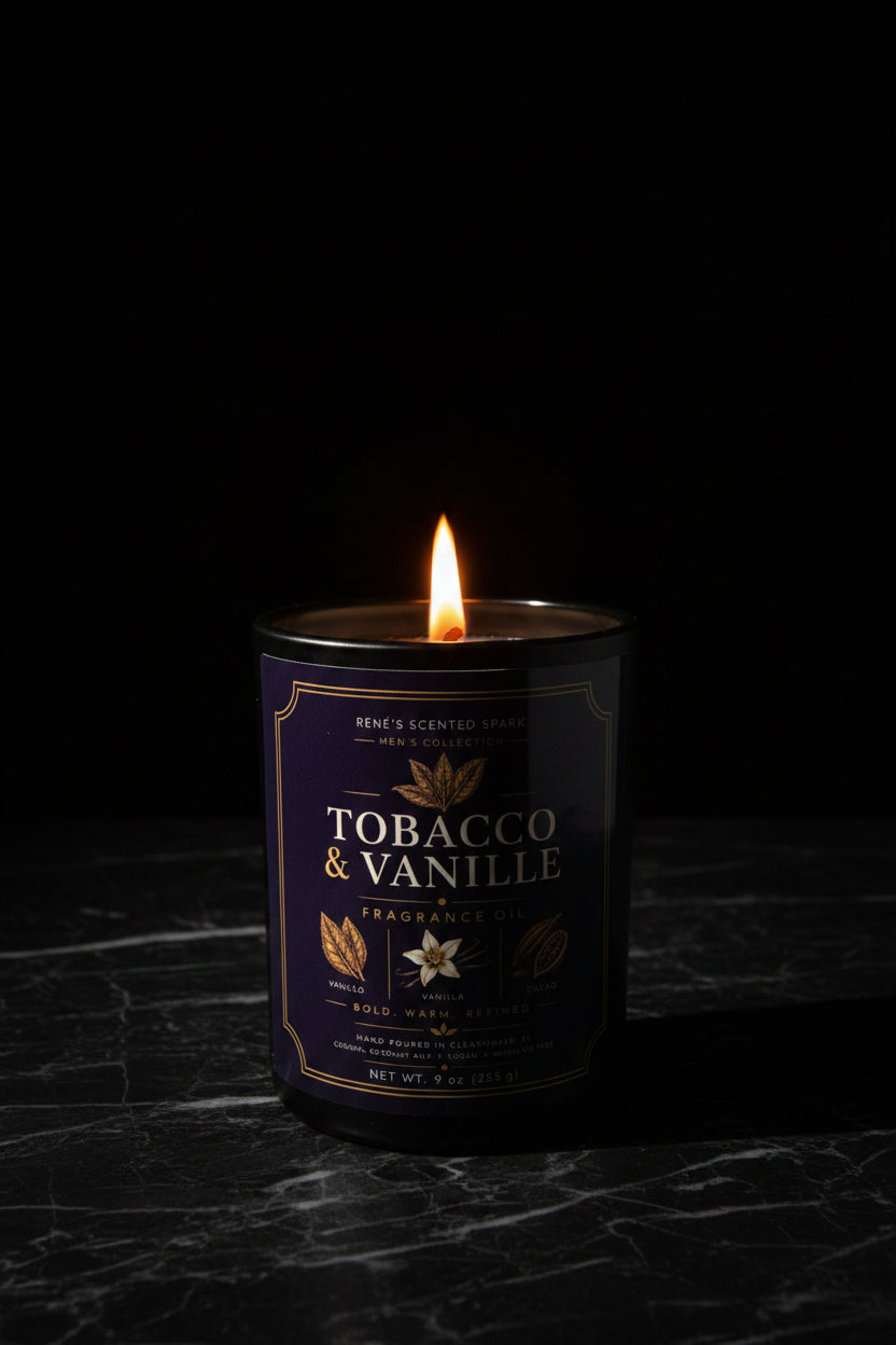 Candle in a 'Tobacco & Vanille' container on a dark background