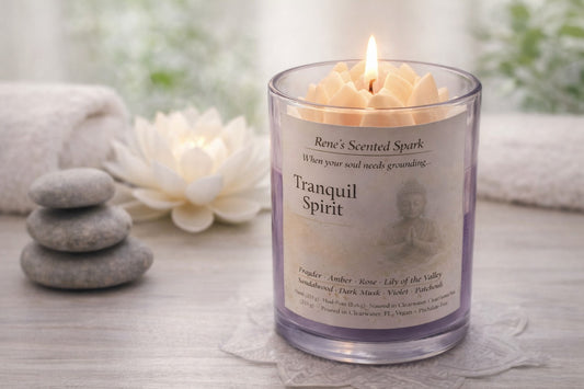 Candle labeled 'Tranquil Spirit' with stones and lotus flowers in the background