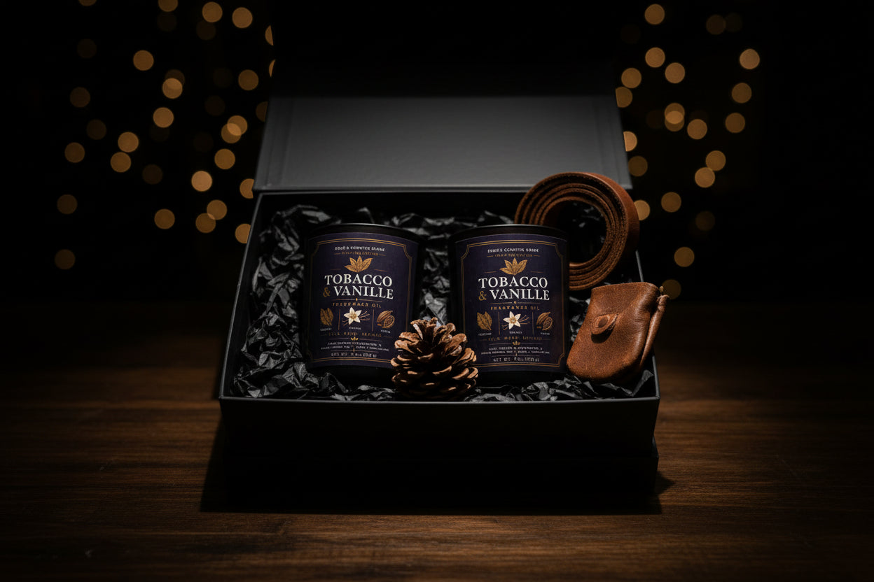 Two cans of 'Tobacco Vanille' in a decorative box with pine cones and a small bag on a wooden surface.