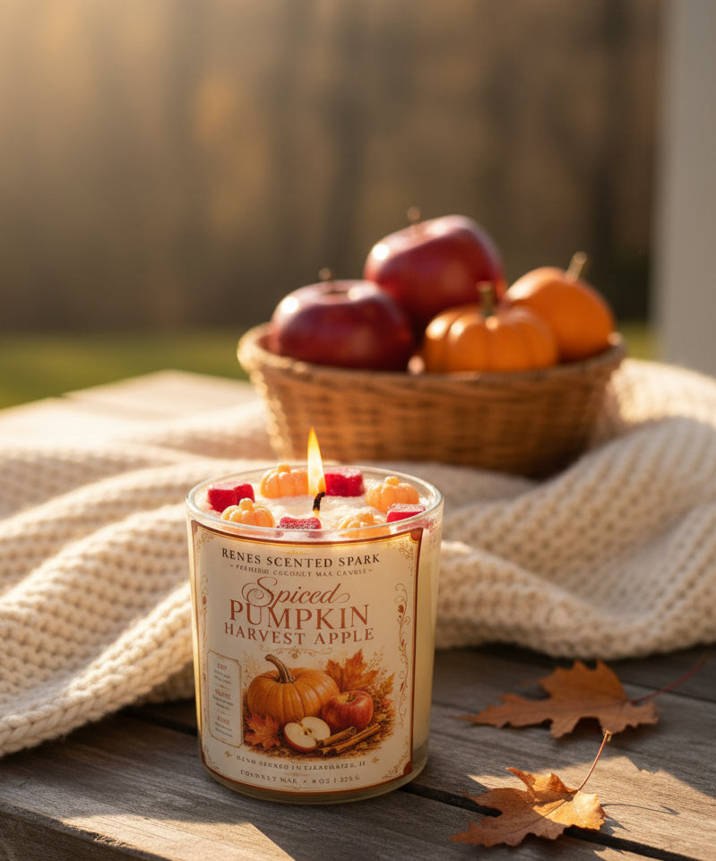 Spiced Pumpkin Harvest Apple coconut wax candle burning on a rustic table with a cozy cream blanket, autumn leaves, and a basket of red apples and pumpkins.