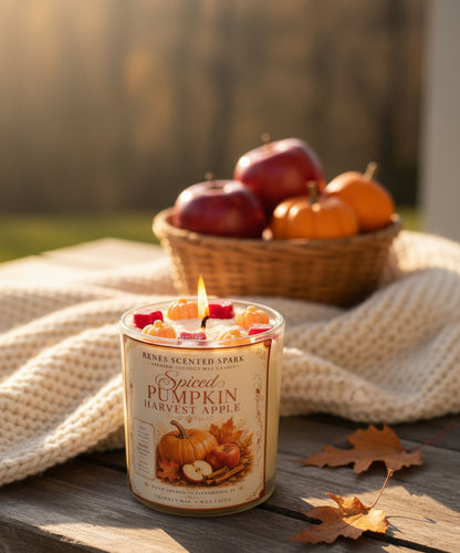 Spiced Pumpkin Harvest Apple coconut wax candle burning on a rustic table with a cozy cream blanket, autumn leaves, and a basket of red apples and pumpkins.