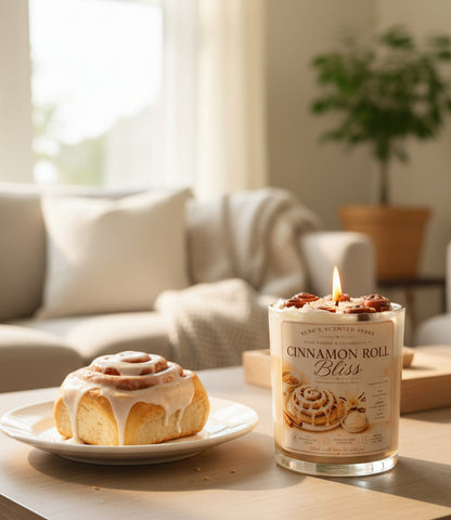 Candle labeled 'Cinnamon Roll Bliss' with cinnamon roll design in a living room