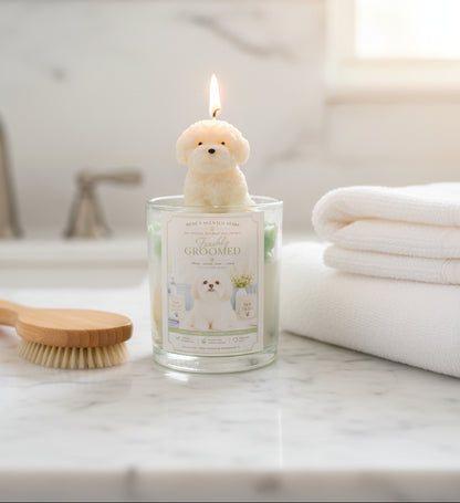 Candle with a dog-shaped wick on a marble surface with towels and a brush in the background