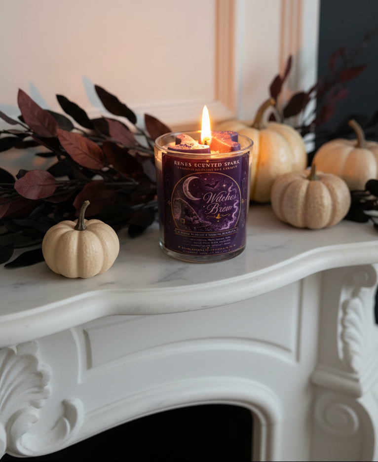 Witches Brew Halloween coconut wax candle burning on a white fireplace mantel surrounded by neutral pumpkins and dark burgundy fall foliage.