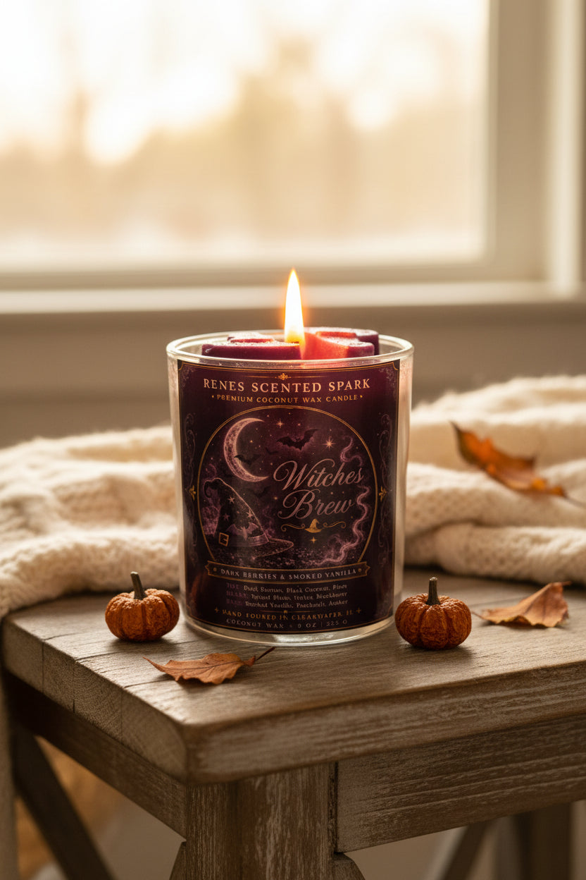 Witches Brew Halloween coconut wax candle burning on a rustic wood table with mini pumpkins, fall leaves, and a cozy cream blanket by a window.