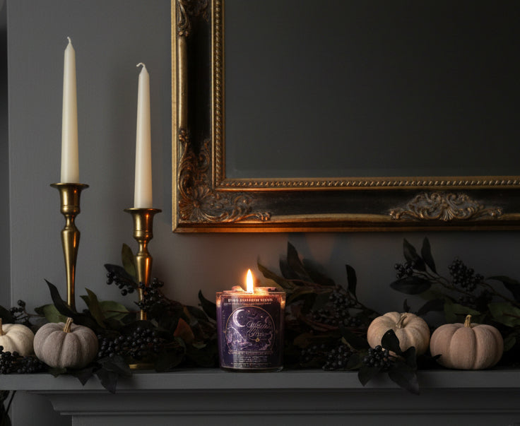 Witches Brew Halloween coconut wax candle glowing on an elegant dark mantel with white pumpkins, black greenery, and vintage brass candlesticks.