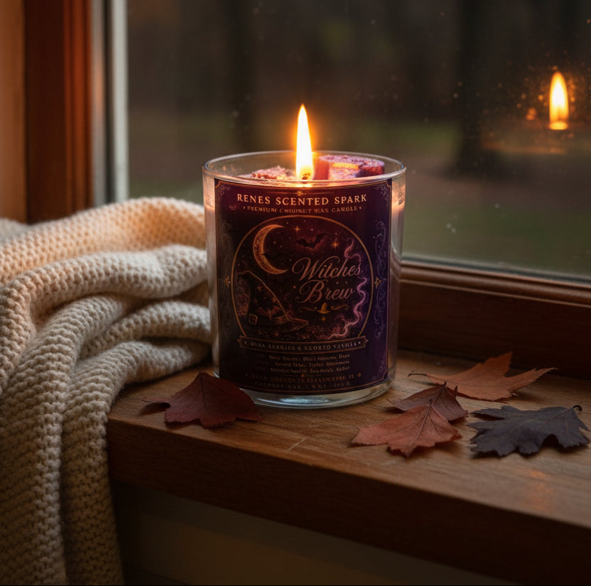 Witches Brew Halloween coconut wax candle glowing beside a cozy cream knit blanket and scattered autumn leaves on a wooden windowsill.