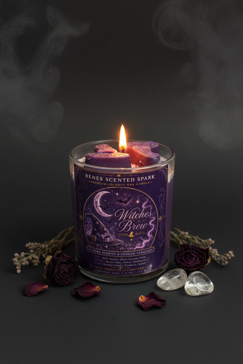 Witches Brew Halloween coconut wax candle glowing against a dark smoky background with dried purple roses, botanicals, and clear crystals.