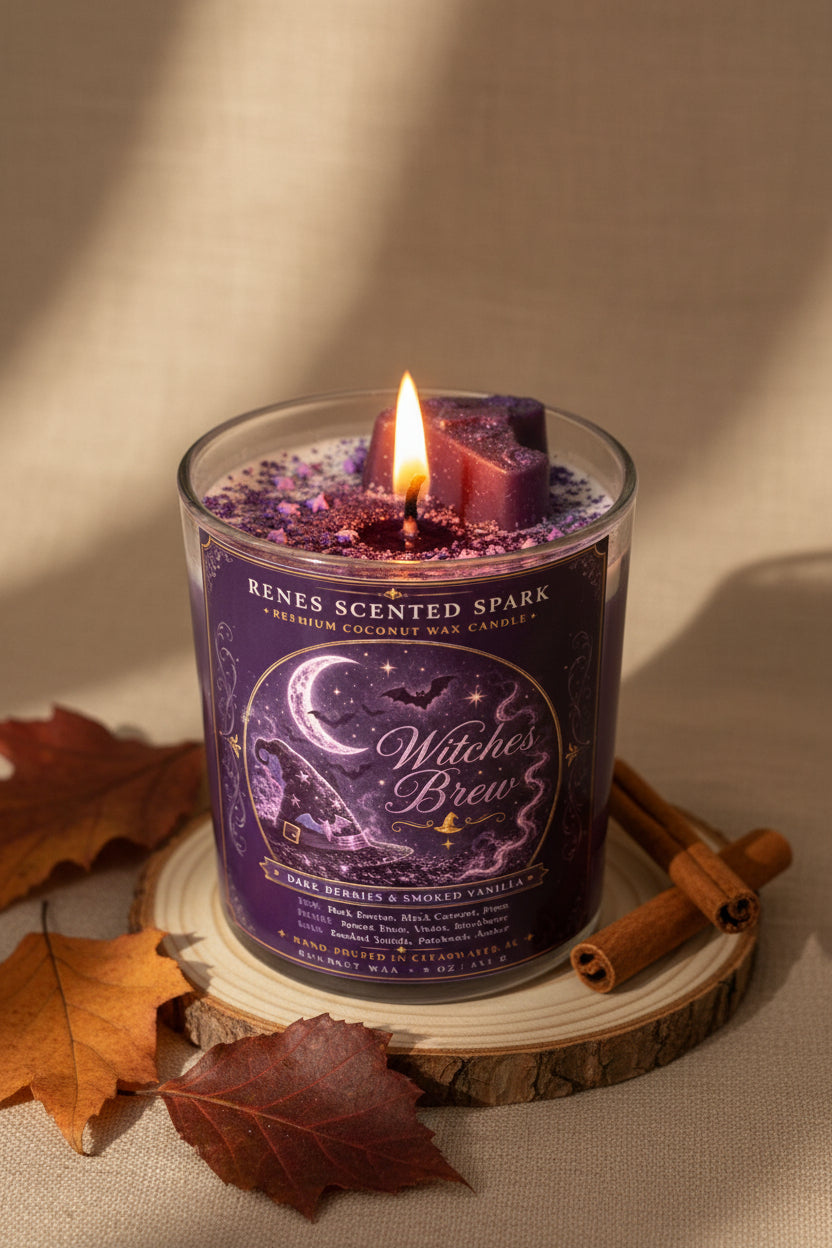 Witches Brew Halloween coconut wax candle burning on a natural wood slice with autumn leaves and cinnamon sticks in warm fall light.