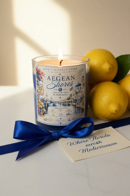 Aegean Shores candle displayed with fresh lemon slices and coastal elements on an elegant surface
