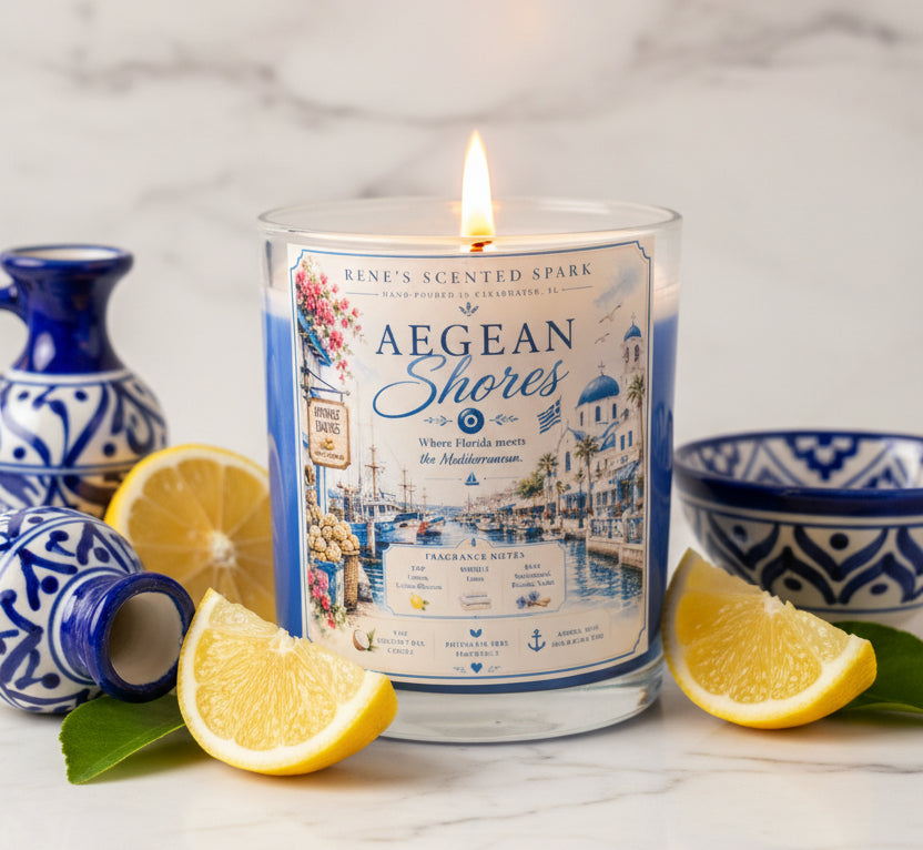 egean Shores candle on white marble surrounded by blue Greek pottery and fresh lemon slices in bright Mediterranean light