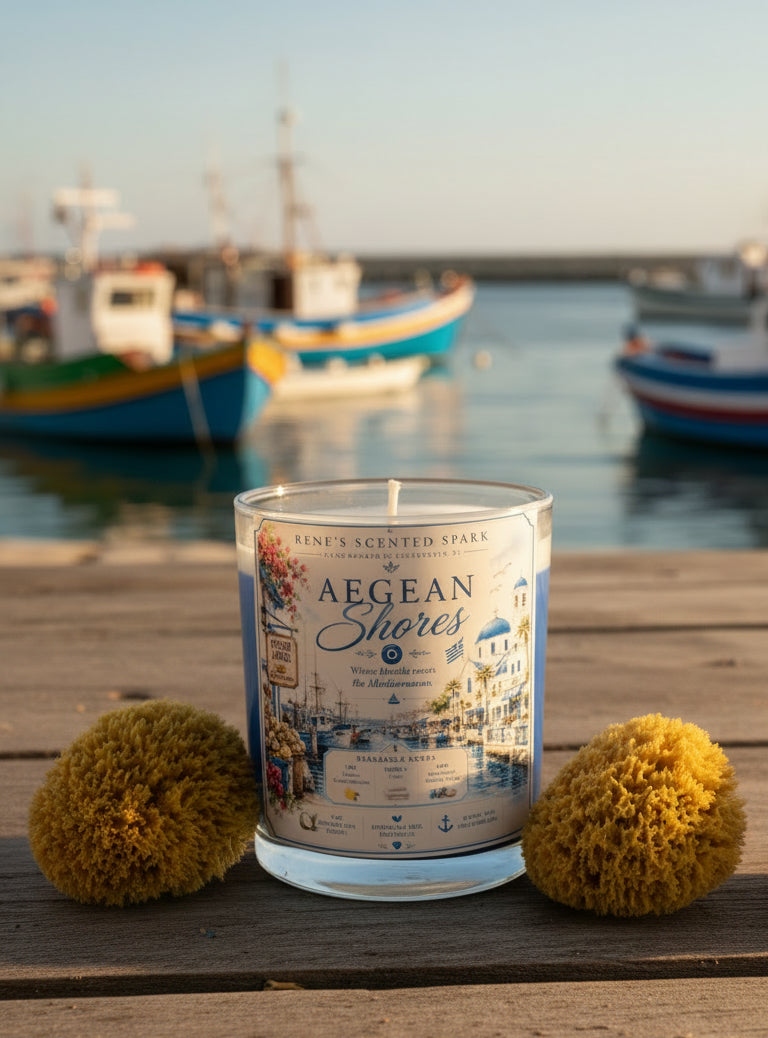 Aegean Shores Tarpon Springs candle on a wooden harbor dock with colorful Mediterranean fishing boats softly visible in the background