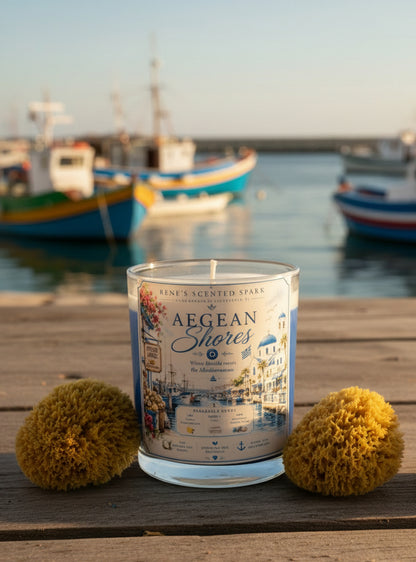 Aegean Shores Tarpon Springs candle on a wooden harbor dock with colorful Mediterranean fishing boats softly visible in the background