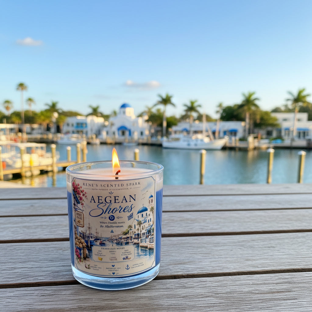 Lit Aegean Shores coconut wax candle by Rene's Scented Spark displayed on a waterfront table overlooking a peaceful marina with sailboats, palm trees, and Mediterranean-inspired architecture.