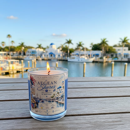 Lit Aegean Shores coconut wax candle by Rene's Scented Spark displayed on a waterfront table overlooking a peaceful marina with sailboats, palm trees, and Mediterranean-inspired architecture.