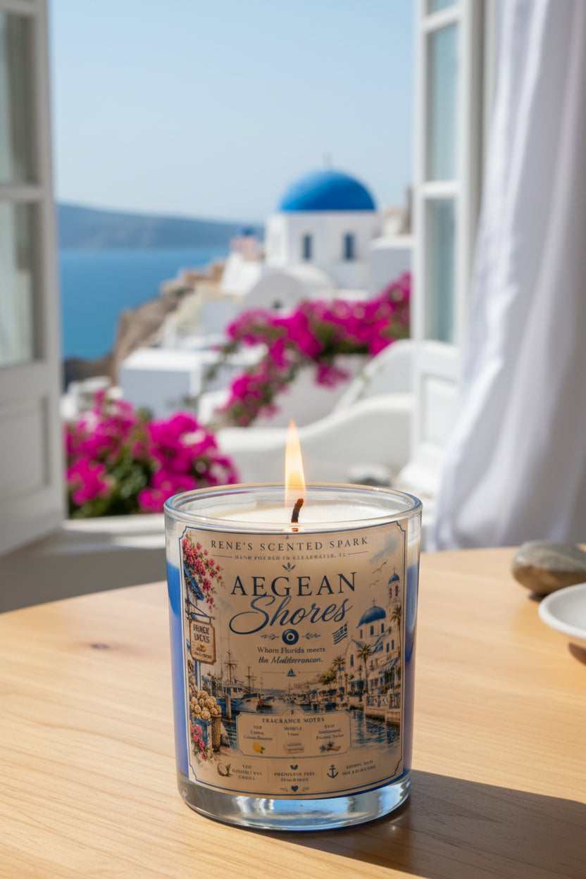 Lit Aegean Shores coconut wax candle by Rene's Scented Spark displayed on a wooden table beside an open window overlooking a Mediterranean village with blue-domed architecture and vibrant pink bougainvillea.