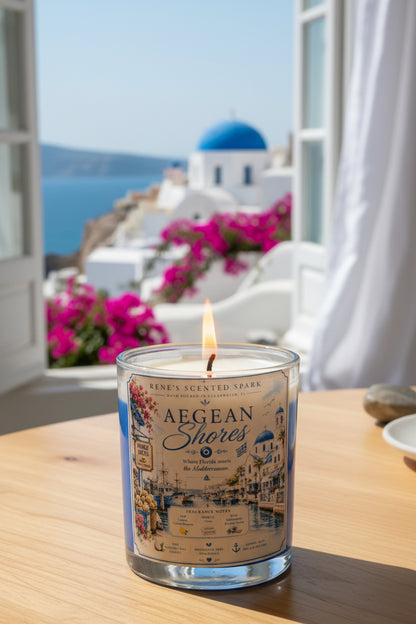 Lit Aegean Shores coconut wax candle by Rene's Scented Spark displayed on a wooden table beside an open window overlooking a Mediterranean village with blue-domed architecture and vibrant pink bougainvillea.