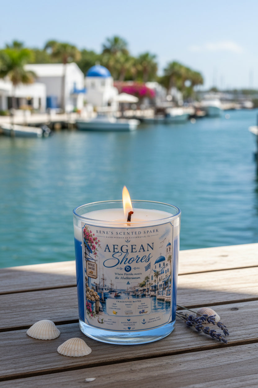 Lit Aegean Shores coconut wax candle by Rene's Scented Spark displayed on a wooden waterfront table with seashells and lavender, overlooking a peaceful marina with boats and Mediterranean-inspired architecture.