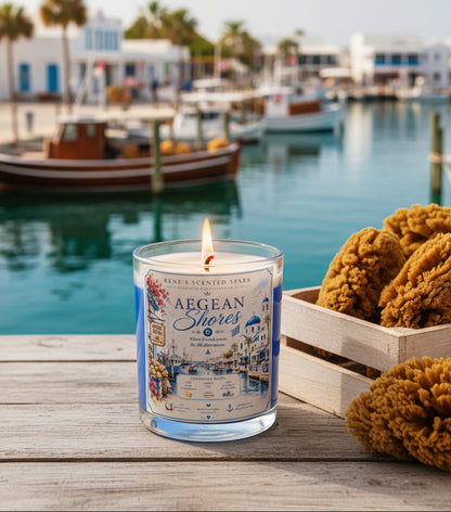 Lit Aegean Shores coconut wax candle by Rene's Scented Spark displayed on a wooden dock beside natural sea sponges overlooking a peaceful waterfront marina with boats.