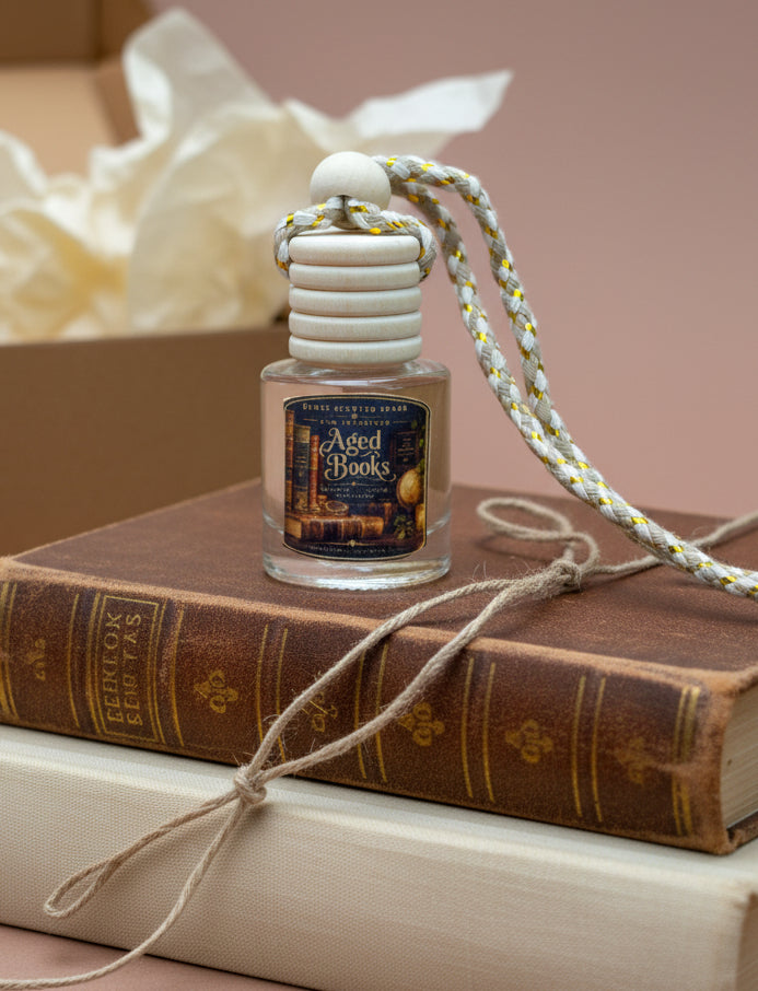 Aged Books car freshener by Renes Scented Spark displayed on vintage books beside a gift box with tissue paper, styled as a cozy book lover gift.