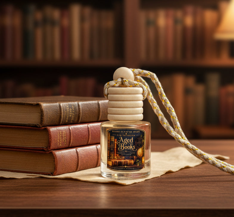 Aged Books car freshener by Renes Scented Spark with a wooden diffuser cap beside vintage leather-bound books in a warm cozy library setting.