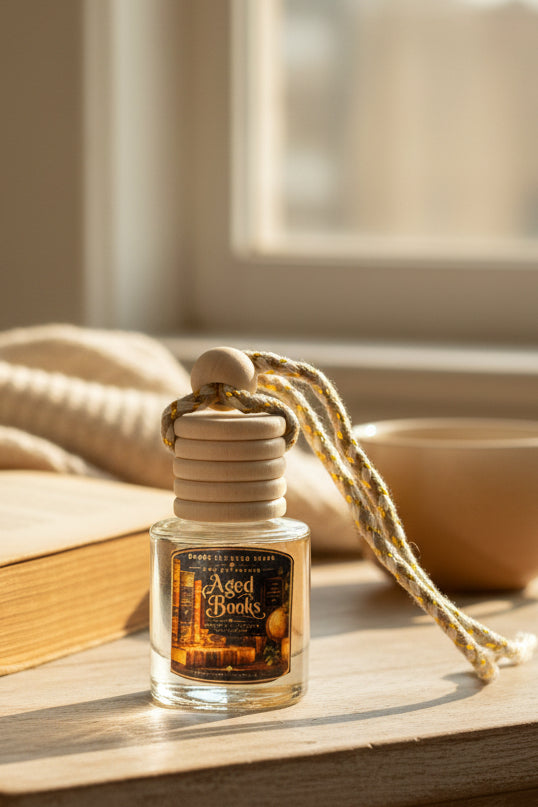 Aged Books car freshener by Renes Scented Spark styled beside an open book and warm coffee in soft natural window light, featuring a vintage book-inspired label and wooden diffuser cap