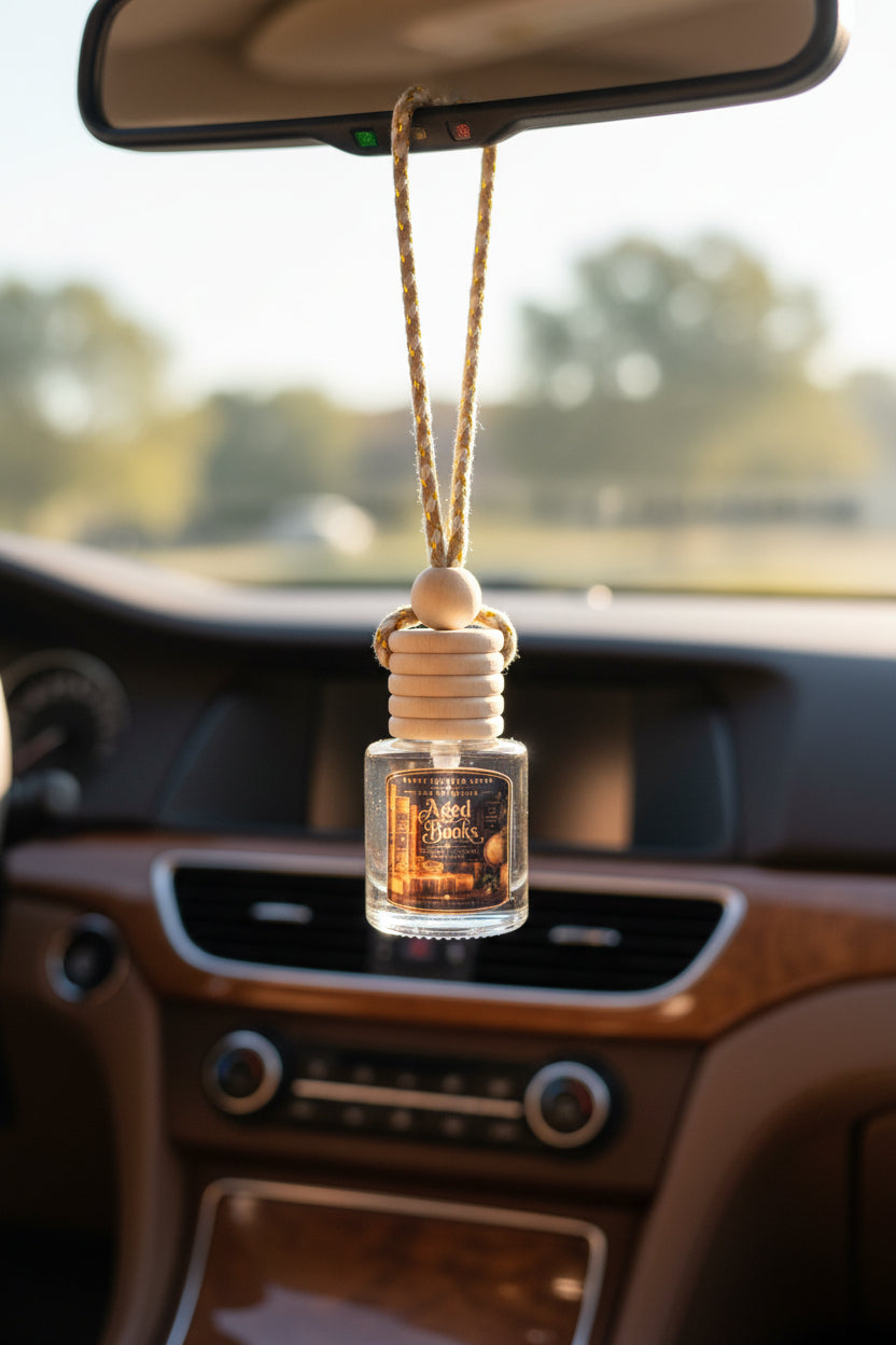 Aged Books car freshener by Renes Scented Spark hanging from a car rearview mirror, featuring a wooden diffuser cap and vintage book-inspired label.