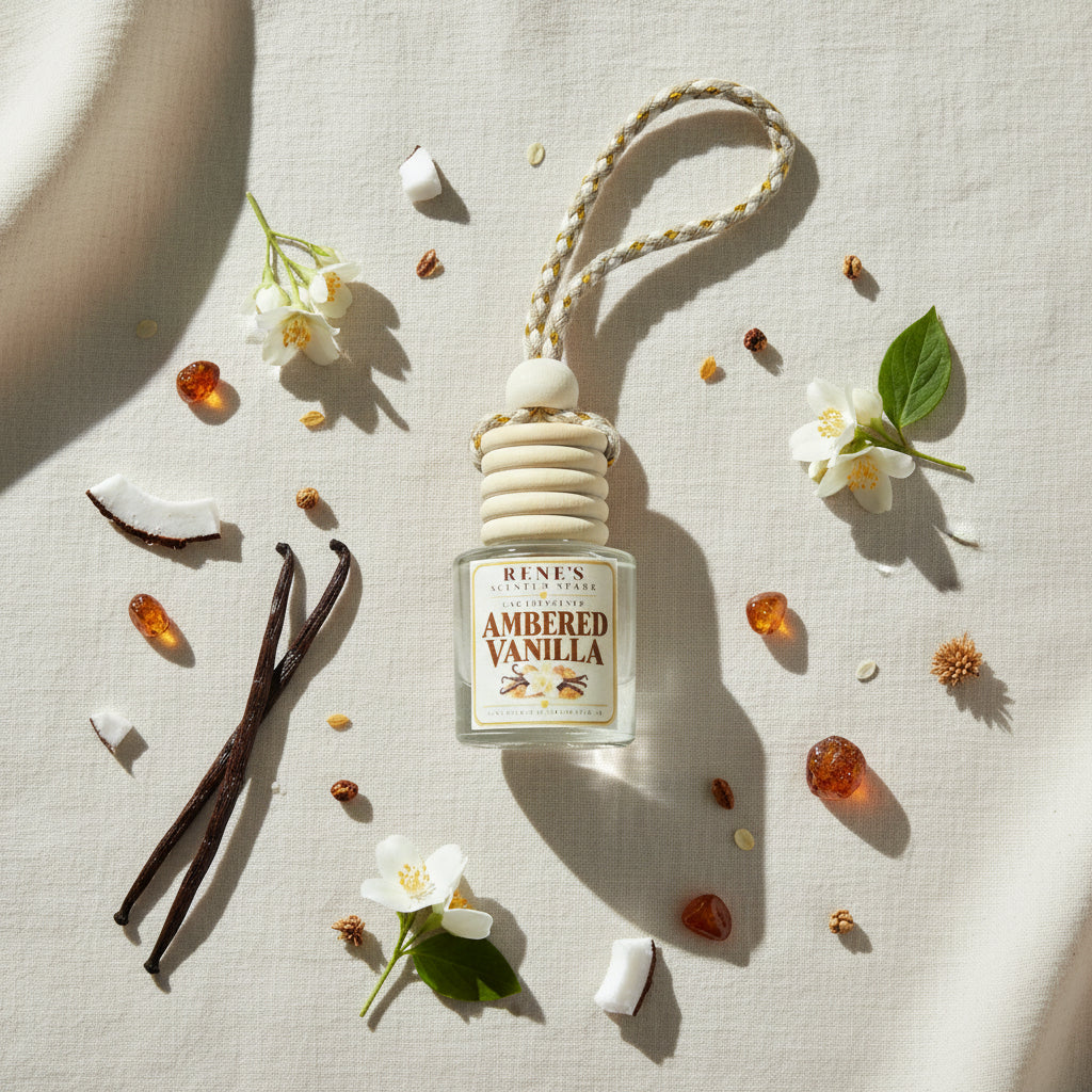 Ambered Vanilla car freshener by Rene’s Scented Spark displayed on cream linen with vanilla beans, coconut pieces, jasmine flowers, and warm amber accents.