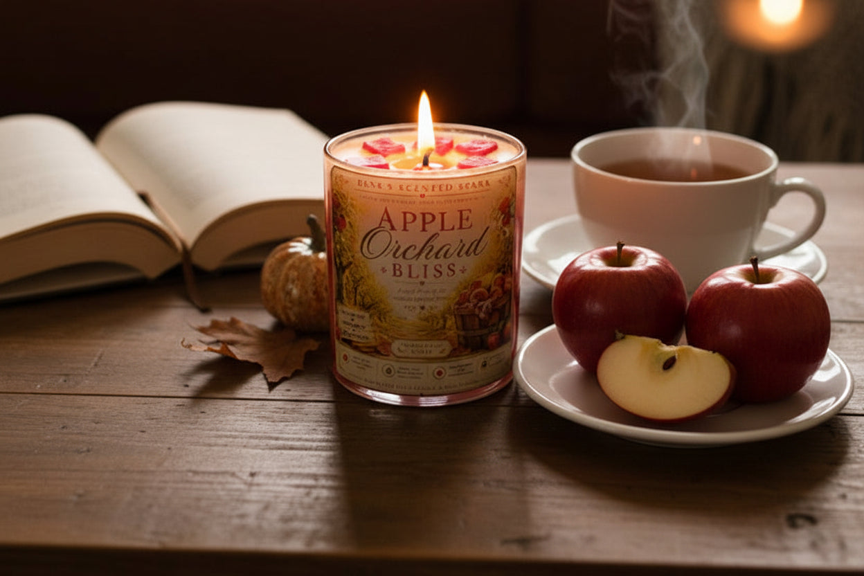 Lit Apple Orchard Bliss coconut wax candle by Rene's Scented Spark displayed beside fresh red apples, a steaming cup of cider, and an open book on a rustic wooden table.