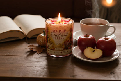 Lit Apple Orchard Bliss coconut wax candle by Rene's Scented Spark displayed beside fresh red apples, a steaming cup of cider, and an open book on a rustic wooden table.