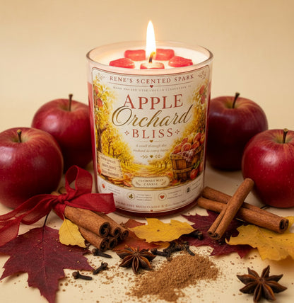 Apple Orchard Bliss fall candle with red apples, cinnamon sticks and autumn leaves on rustic surface
