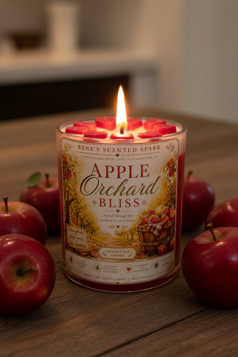 Lit Apple Orchard Bliss coconut wax candle by Rene's Scented Spark with a handcrafted apple wax topper, surrounded by fresh red apples on a rustic wooden table.