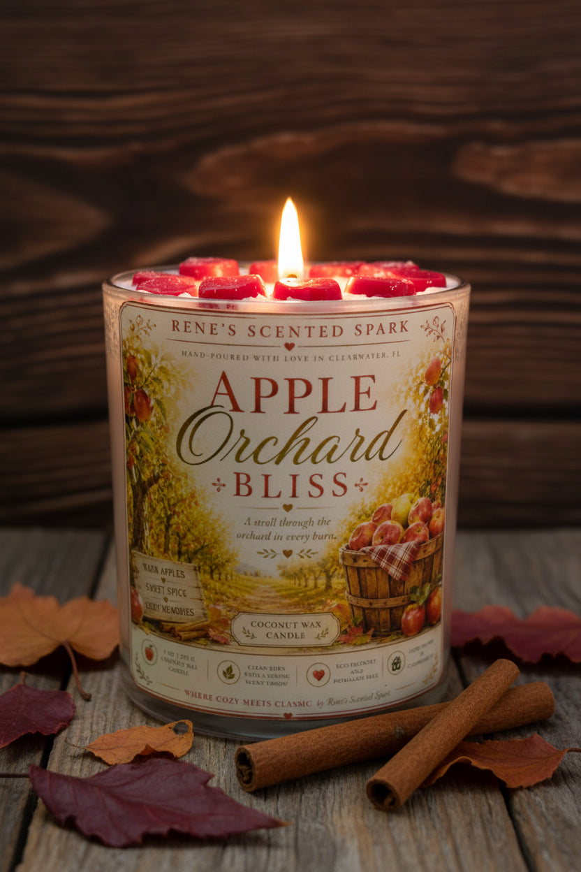 Candle labeled 'Apple Orchard Bliss' by Rene's Scented Spark on a wooden surface